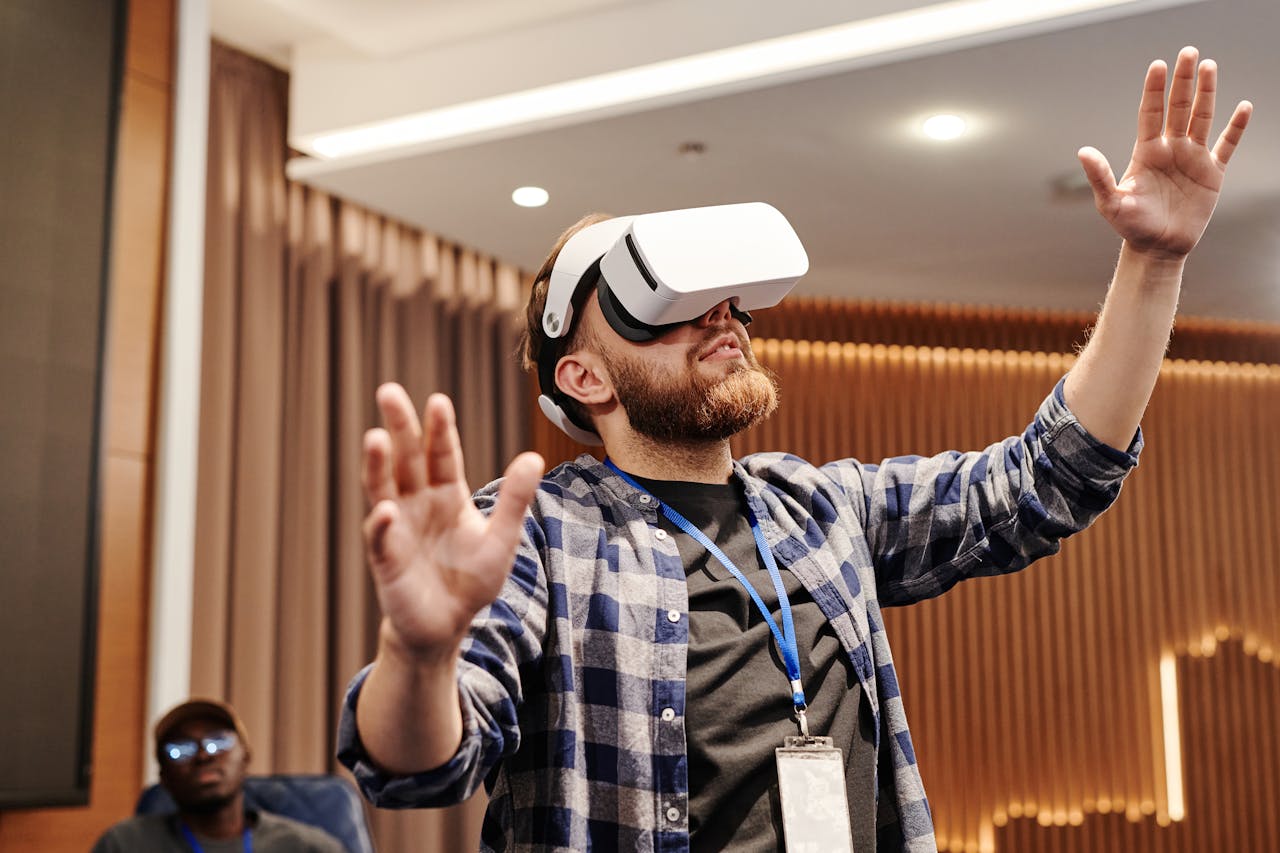 Adult man exploring virtual reality indoors. Immersive tech moment captured.